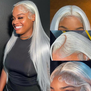 Elegante Peluca Lisa Color Gris Plateado para Mujer - Cabello Humano Vietnamita 100% con Frente de Encaje 13x4 Sin Pegamento Pre-Depilado 180% de Densidad - Product Image 4