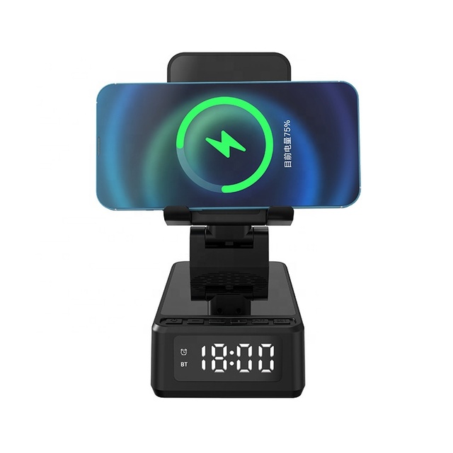 2025 Popular LED Digital Alarm Clock with BT Speaker Woofer 15W Fast Wireless Charger Stand for iPhone 16 15 14 15 13 12