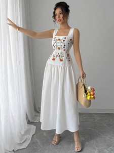 เดรสผ้าฝ้าย 100% ทรงแม็กซี่ สีขาว สำหรับฤดูร้อน ทรงปกติ เอวธรรมชาติ ปักลายด้วยเครื่องจักร แขนสั้น สวมใส่สบาย ซักได้ มีกระเป๋า สำหรับผู้หญิง - Product Image 5