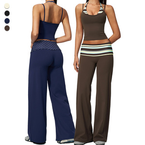 TZ4549-5 <strong>Women</strong> Yoga Sets with Striped Halter <strong>Tank</strong> <strong>Top</strong> and High Waist Fold Over Waistband Wide Leg Leggings for Pilates Running - Product Image 3