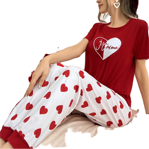 Conjunto de Pijamas para Mujer con Estampado de Corazones en Colores Contrastantes, Cintura Elástica y Transpirable, Ropa de Dormir Linda para el Día de San Valentín, Envío Inmediato - Product Image 1