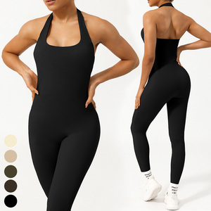 Halter <span class=keywords><strong>sans</strong></span> couture épissage bout à bout <span class=keywords><strong>sport</strong></span> body entraînement Fitness combinaisons une pièce Yoga combinaison pour femmes avec coussinets - Product Image 3