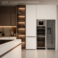 Meubles de cuisine modulaires sur mesure en bois massif pour toute la maison, îlot en forme de U, plan de travail en pierre frittée, sans poignées, éclairage LED