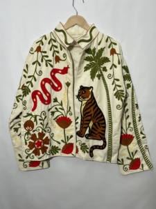 Women's Hand Embroidered Safari Jacket Full Sleeve Mandarin Collar Cotton Floral Animal Pattern Summer Style Woven <b>Fabric</b> - Product Image 5