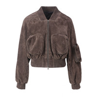Blouson bomber en daim de chèvre véritable pour femme, coupe courte, surdimensionné, avec bordure en tricot côtelé, double fermeture éclair