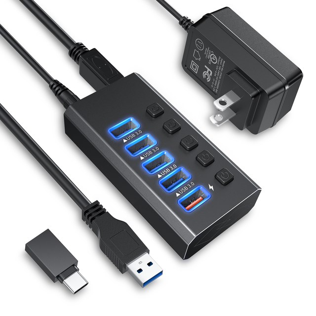 Justlink USB3.0 Multiport 5 in 1 Type-A Hub with Individual Switch 5Gbps Data Transfer 12W Quick Charge USB C Docking