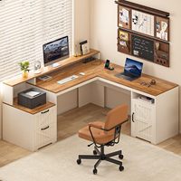 Bureau d'angle exécutif en L de style farmhouse, durable, avec support pour écran, étagère pour imprimante et rangement, directement de l'usine