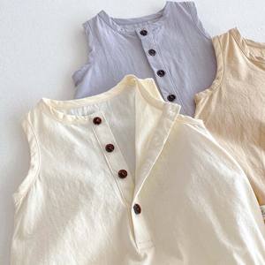 Tutina Unisex in puro cotone tutina estiva a bottone aperto vestiti per neonati vestiti sottili con tinta unita - Product Image 3