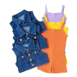 Summer Girls clothing sets Girls Solid Color Pit Stripe Jumpsuit+Cowboy Jeans Vest Set Kids Girls Clothes Sets 4 5 6 7 Years