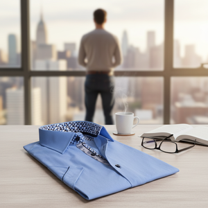 Chemise d'été pour homme à manches courtes, coupe ajustée, motif triangle bleu, détails tissés - Product Image 3