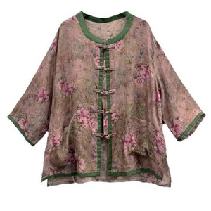 Literary Print Ethnic Design Retro Button Color Block Casual Thin Sun Protection Shirt For Women - Product Image 4