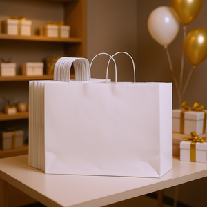 Bolsas de papel kraft blancas con asas de 16x6x12 pulgadas para fiestas, compras y uso minorista - Product Image 2