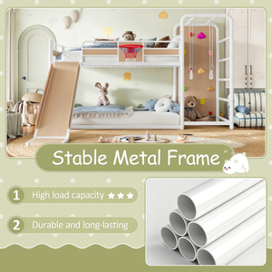 Lit superposé en bois personnalisable, double sur double, profil bas, avec toboggan et mur d'escalade pour chambre d'enfant, uniquement aux États-Unis - Product Image 1