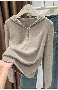 2025新着秋冬デザイナーフード付きニットジャケット女性用ブルゴーニュプルオーバー長袖ストレッチベースレイヤートトップ - Product Image 4