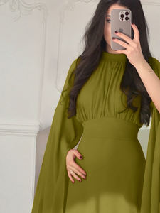 Vestido Elegante de Estilo Atmosférico con Cuello Redondo y Pliegues, Manga Larga, Antiarrugas, para Bodas y Reuniones en Interiores (1 Pieza, ODM) - Product Image 2