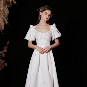 French Style Wedding Dress A-Line Square Neck Beaded Chiffon White Long Dress For Bride Engagement - Product Image 1