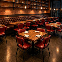 Meubles de restaurant sur mesure Ron Group, table en bois massif, banquette à dossier haut capitonnée, chaise en cuir rembourrée de luxe, chaise en métal.
