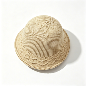 OEM ODM Custom Logo Unisex Beige Striped <b>Leaf</b> Cable Knit Bucket Fisherman Hat Soft Warm Ribbed Knitted All Season - Product Image 5