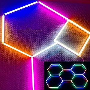 DIY Linkable LED Hexagon Garage Lights Kit RGB 6500K 12V/24V Colorful Ambient Honeycomb Lighting For Workshop Car Care Wash Room