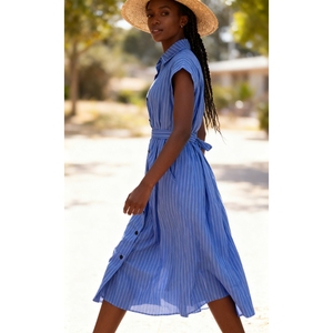 Summer Women's Striped Shirt Collar Short Sleeve Waist-cinched Button-<b>down</b> Dresses Fashion - Product Image 2