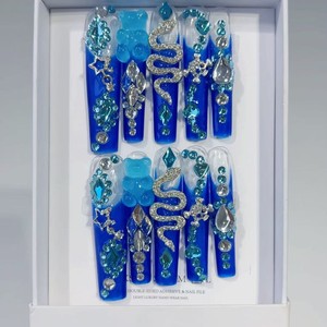Lot de 10 faux ongles en acrylique à presser, style Y2K, longs, avec strass bleus et diamants, ongles artificiels brillants, boîte personnalisée - Product Image 2