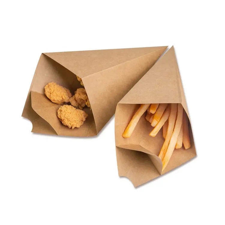 Custom printing disposable chips mozzarella sticks packaging kraft triangular boxes with sauce dipping french fries paper cone