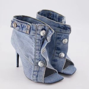 2025 özel Vintage gri Denim çizmeler kare ayak Stiletto topuklu bayanlar moda Jean kesim kadınlar Denim topuk sandalet başak ayakkabı - Product Image 4