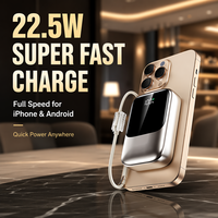 Mini Power Bank 20000 mAh avec câble intégré, charge rapide PD 22,5W, écran LED, pour utilisation en extérieur et chargeur d'urgence de poche
