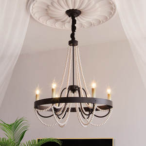 French Vintage Style Chandelier With Pearl Beads Round Multi Head <b>LED</b> <b>Light</b> For Living Room Bedroom Dining Room Home Decor - Product Image 3