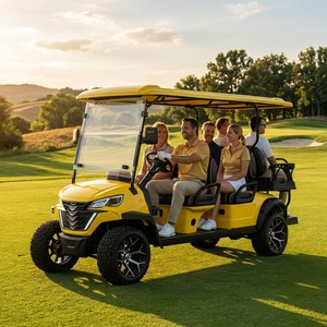 Voiturette de golf à essence 6 places, <span class=keywords><strong>moteur</strong></span> 300CC refroidi par <span class=keywords><strong>eau</strong></span>, configuration 4+2, 45 km/h, propulsion arrière, pneus tout-terrain, OEM/ODM, voiturette de golf personnalisée - Product Image 1