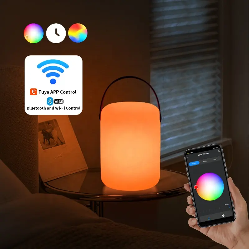 Smart tuya wifi bluetooth remote control dimmable rgb led light cylinder portable table lamp with handle