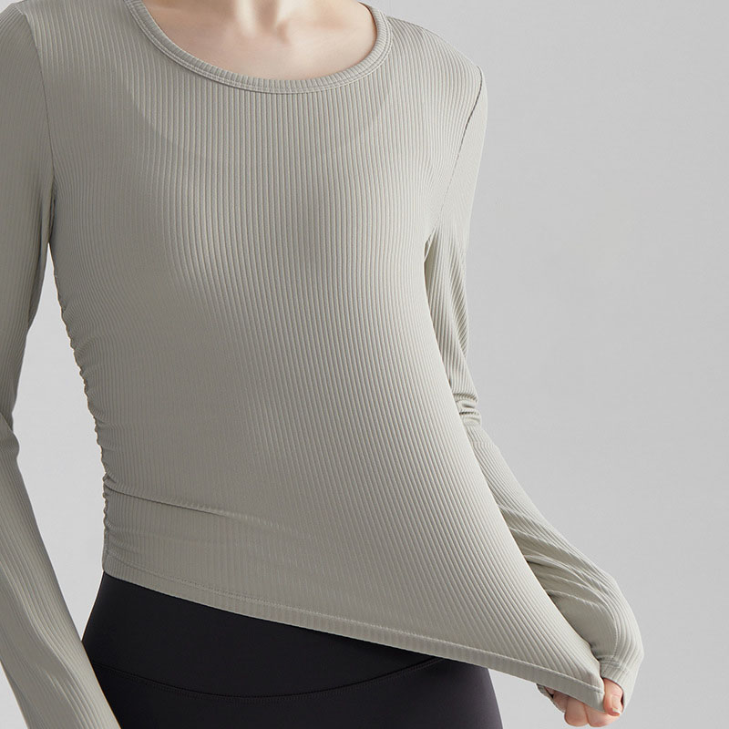 Custom logo Long Sleeve Soft Skin Friendly Side Pleats Slim Fit Yoga Sport Outdoor Antibacterial Fabric Breathable Ribbed Top