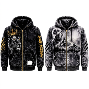 Sudadera con capucha y cremallera para hombre Long Mission, diseño de corona de león con estampado por sublimación, 100% algodón polar, transpirable, para invierno, corte regular, estilo hip hop - Product Image 2