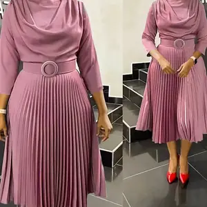 OEM African Plus Size Office Clothes For Women Elegant Ladies Clothes Dresses Solid Color Pleated Dress