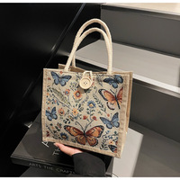 Sac fourre-tout en lin décontracté de style vintage avec motif floral, grande capacité, avec bouton, sac de shopping réutilisable, sac cadeau promotionnel