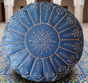 Modern Moroccan Genuine <b>Leather</b> Pouf Ottoman <b>Footstool</b> Handstitched Scenic Seat Cushion Multi-Functional Indoor Outdoor Home - Product Image 1