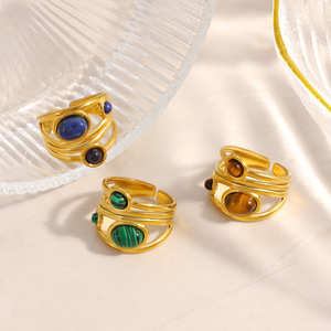 Stainless Steel <b>Ring</b> With Natural Stone Inlay Vintage Geometric Design Adjustable <b>Opening</b> Unisex Jewelry Gift - Product Image 2