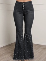 Jeans évasés taille haute personnalisés pour femmes, motif sérigraphié, perles et cristaux, pantalon en denim, vente en gros OEM