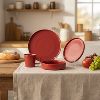 Service de table classique de luxe en céramique simple, 4 pièces, en grès émaillé rouge, résistant à la chaleur, compatible lave-vaisselle, four et micro-ondes