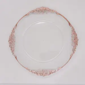 Assiette plate ronde transparente avec bord or rose Assiettes de présentation en plastique avec vaisselle baroque de style florentin