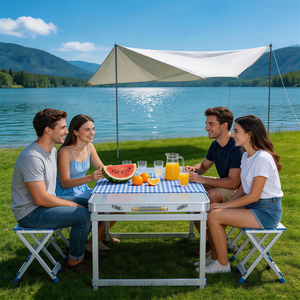 Mesa <span class=keywords><strong>de</strong></span> <span class=keywords><strong>Camping</strong></span> Plegable Portátil con 3 Alturas Ajustables y <span class=keywords><strong>4</strong></span> Sillas, Juego <span class=keywords><strong>de</strong></span> Mesa <span class=keywords><strong>de</strong></span> Aluminio y MDF Todo en Uno <span class=keywords><strong>para</strong></span> Picnic y Barbacoa al Aire Libre - Product Image 3
