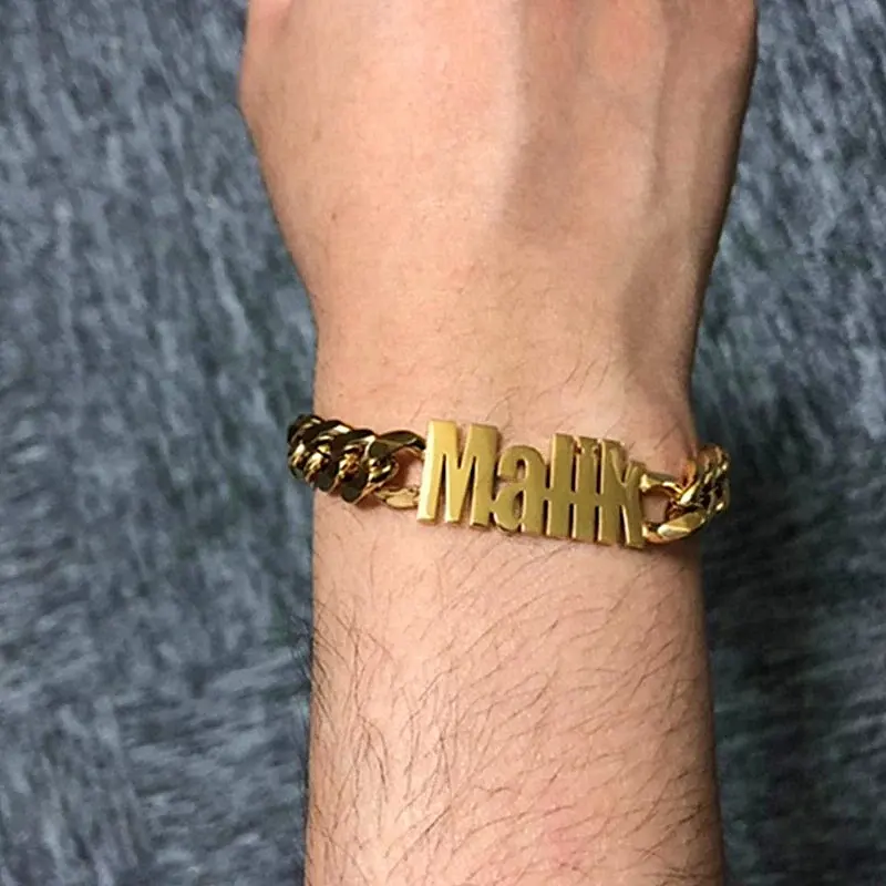 Bracelete de farfetch para homens, joias personalizadas de aço inoxidável, corrente de ligação cubana banhada a ouro 18k, pulseiras de nome personalizadas para homens
