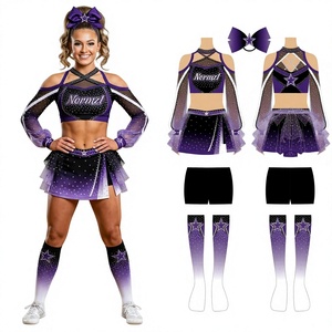 Ensemble d'uniformes de cheerleading noir avec strass, imprimé par sublimation, robe à manches longues et chaussettes hautes pour adultes - Product Image 3