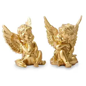 4 Inch Schattige Set Van 2 Gouden Engelen Gedenkteken Gouden Hars Cherubijnen Beeldje