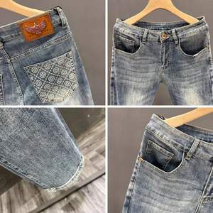 Pantalones Vaqueros de <span class=keywords><strong>Hombre</strong></span>, Corte Slim Fit, Estilo Vintage, Versátiles, a la Moda, de Mezclilla Media, Corte Boot Cut, Recortados, Nuevos, Otoño Invierno, de Alta Gama, Estampados - Product Image 4