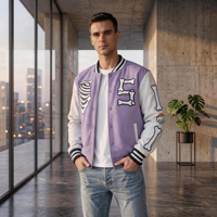 Blouson universitaire en chenille surdimensionné style hip-hop, personnalisé et brodé, avec manches en PU et motif squelette, idéal pour l'hiver – Vente en gros