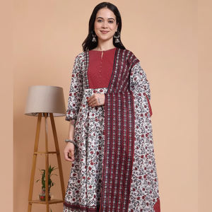 Ensemble kurta anarkali en coton cambric à imprimé floral avec dupatta pour femmes, tenue élégante blanche traditionnelle indienne - Product Image 1