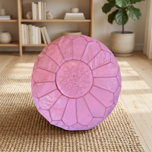 Housse de pouf en cuir véritable brodée rose faite à la main, style bohème, design cousu, personnalisable, fermeture éclair invisible - Product Image 1