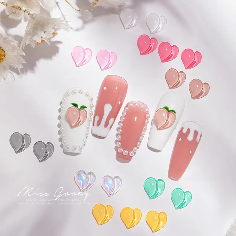 Aurora decoração 3d de resina de pêssego, decoração artística para unhas, resina 3d kawaii, encantos, pêssego, decorações de unhas e coração, 10 peças