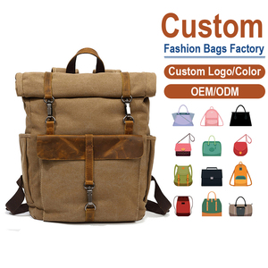 Vintage <b>Canvas</b> & Full-Grain Leather <b>Backpack</b>, Roll-Top Design, OEM/ODM Custom Factory, Men's Laptop Bag - Product Image 2
